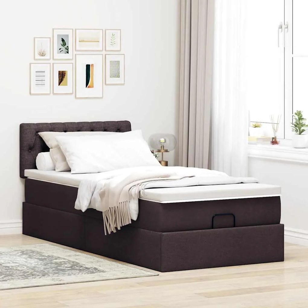 Cama otomana com colchão 100x200 cm tecido castanho escuro