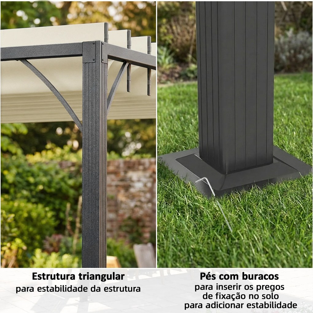Pérgola 3,90x2,95 para Jardim com Desenho de Lâminas Superiores Giratórias até 135° Proteção UV 50+ para Pátio Terraço Creme