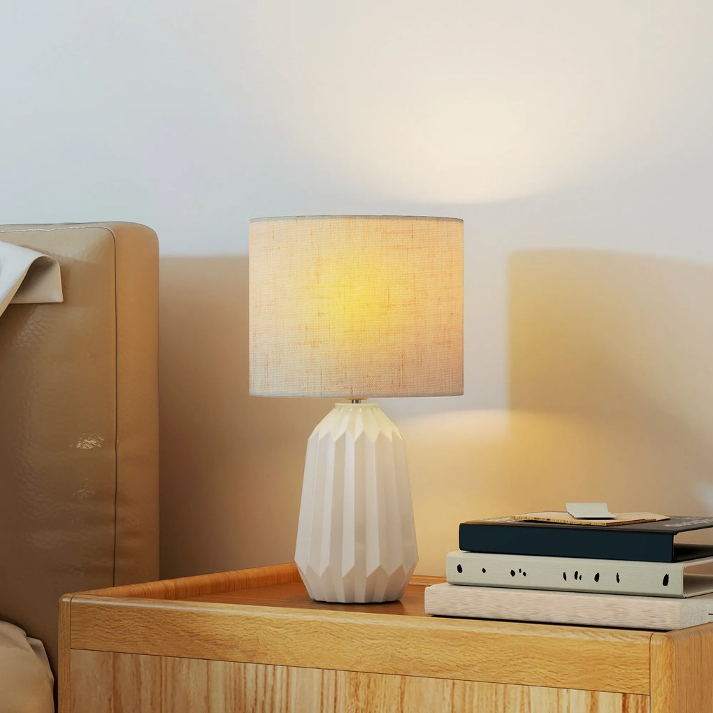 Candeeiro de Mesa com Base de Cerâmica e Ecrã de Linho Estilo Retro com Interruptor E27 40W Ø22x39 cm Branco e Bege