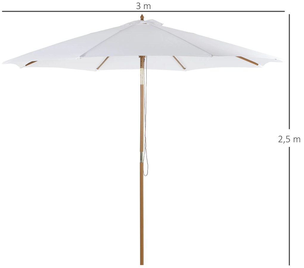 Outsunny Chapéu de Sol de Madeira Ø300x250cm com Altura Ajustável em 3 Níveis para Jardim Terraço Piscina Cafeteria Branco Marfim