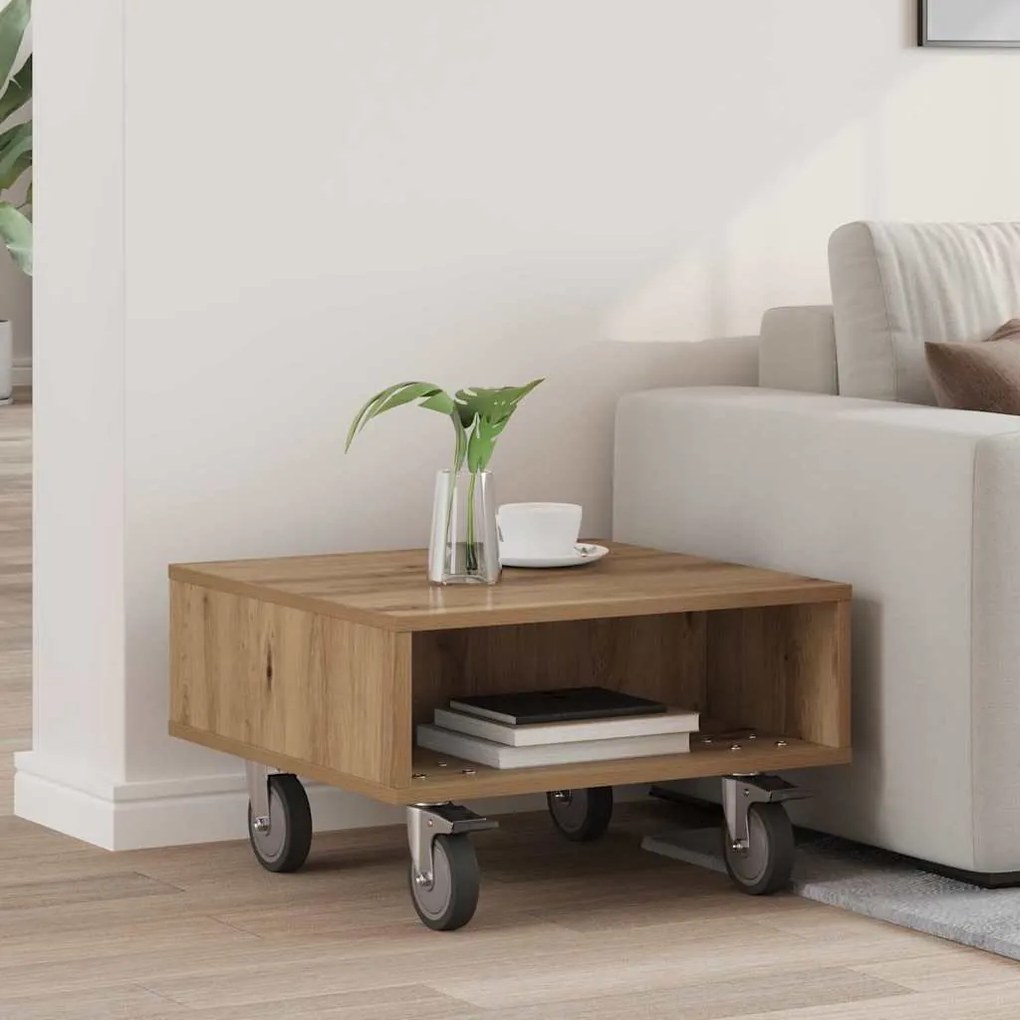 vidaXL Mesa Lateral com Rodas Carvalho Artesanal 50,5 x 50 x 30 cm
