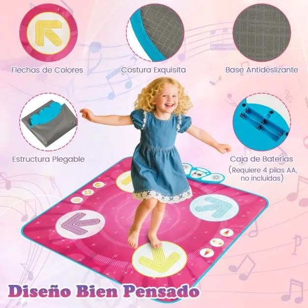 Tapete de dança para crianças com 8 músicas, 3 modos de jogo, ajuste de dificuldade e volume para crianças com mais de 3 anos, 95 x 94 cm, rosa