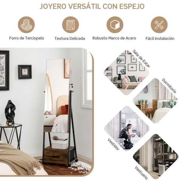 Armário de pé para jóias com espelho de corpo inteiro Organizador de jóias com porta Gavetas Rodas bloqueáveis 42 x 38 x 157 cm Castanho