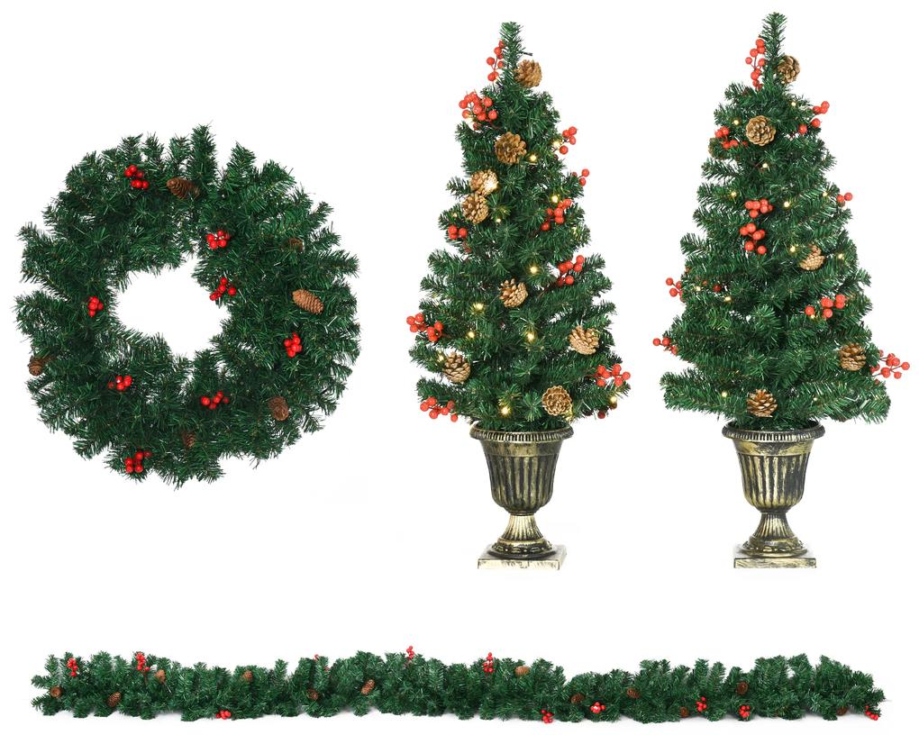 HOMCOM Conjunto de Decoração de Natal 4 Peças com 2 Árvores de Natal Coroa e Grinalda com Luzes LED 40x40x90cm Verde | Aosom Portugal