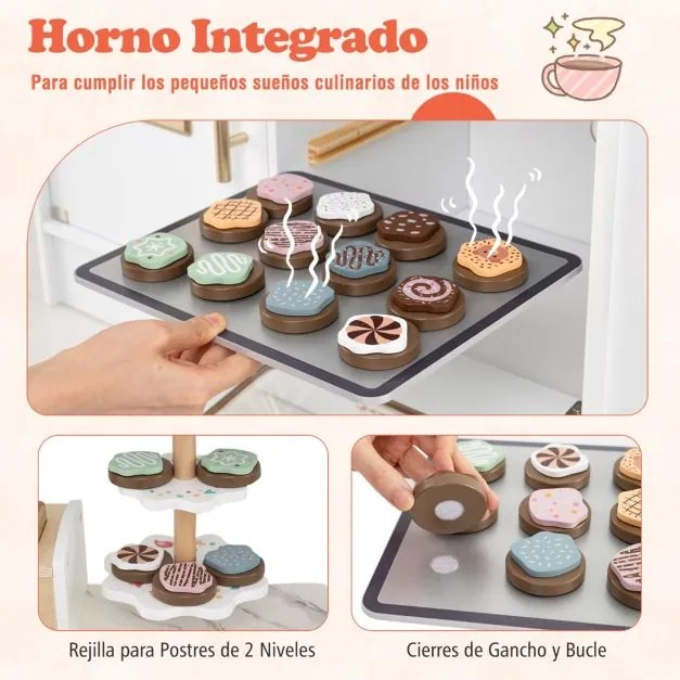 Cozinha de brincar em madeira para crianças 100 x 29,5 x 94 cm com luz, som e vários acessórios, forno micro-ondas e torneira para maiores de 3 anos,