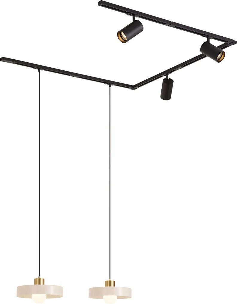 Sistema de calhas moderno preto com 2 candeeiros pendentes brancos e 3 focos monofásicos - Iconic Jeana Luxe Jina