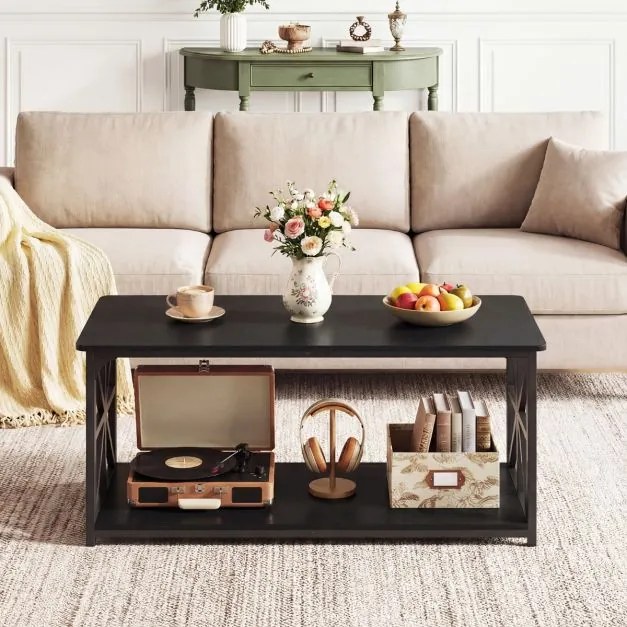 Mesa de centro de estilo industrial 109 x 50 x 48 cm, 2 níveis, prateleira aberta, estrutura metálica, para sala de estar, preta