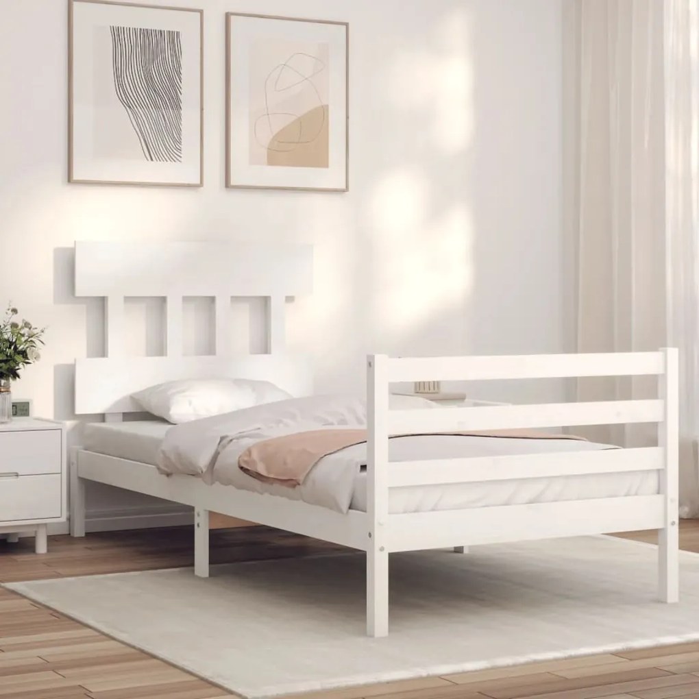 Estrutura de cama com cabeceira 100x200cm madeira maciça branco