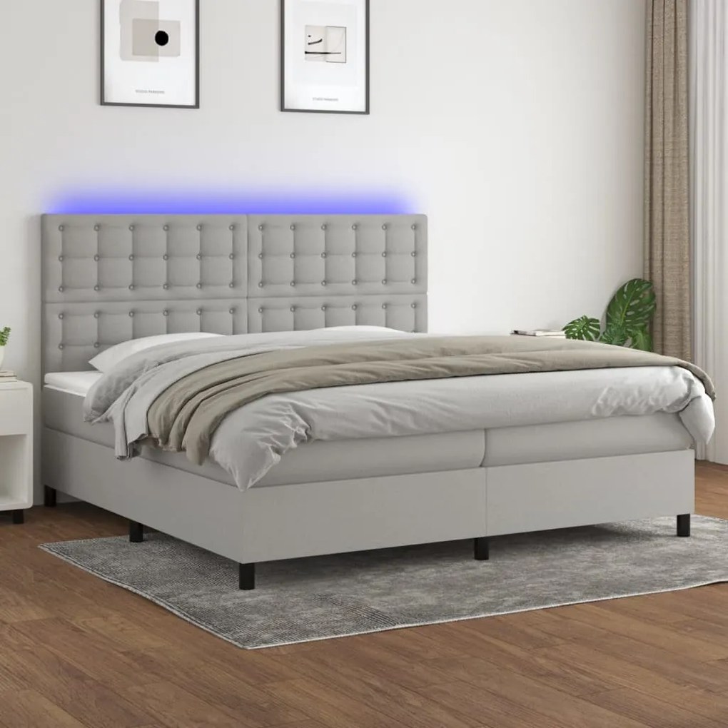 Cama box spring c/ colchão e LED 200x200 cm tecido cinza-claro