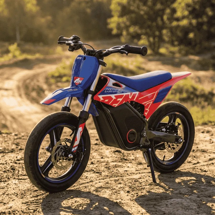 Mini moto elétrica para crianças velocidade até 30Km/h C/Limitador RFN SX-E350 WARRIOR 350W Supermotard 14/14” Azul e Vermelho