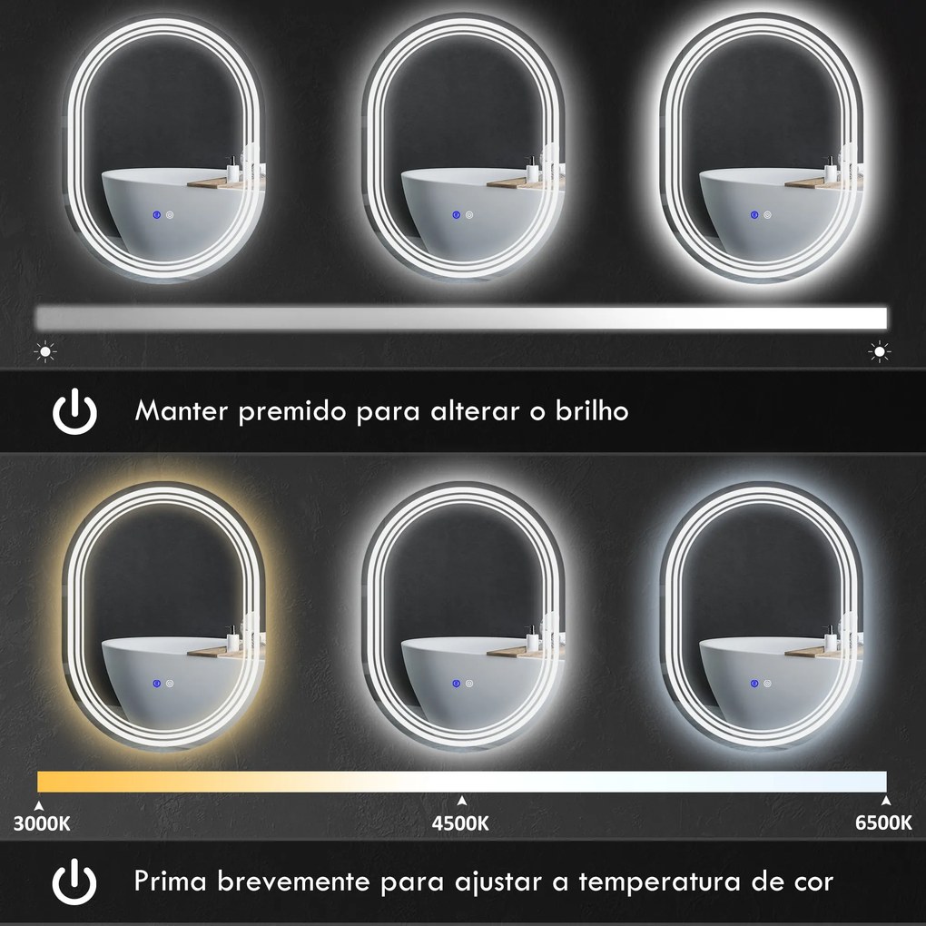 Espelho Casa de Banho com Iluminação 70x50 cm Espelho de Parede com 3 Cores de Luz Brilho Ajustável Função Anti-Embaciamento Função Memória