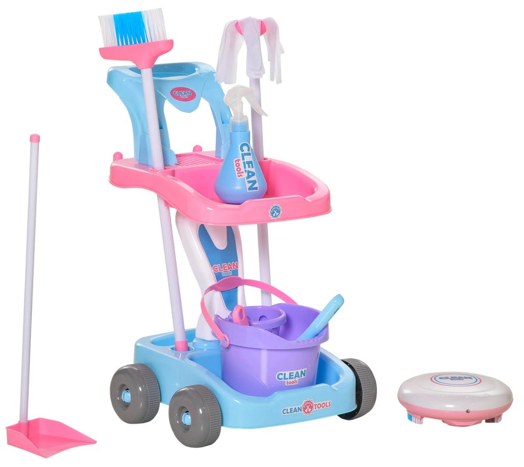 HOMCOM Carrinho de Limpeza para Crianças acima de 3 Anos com Robot Aspirador Elétrico com Luzes e Sons 23 Acessórios Incluídos 42x32x49,5cm Rosa e Azul