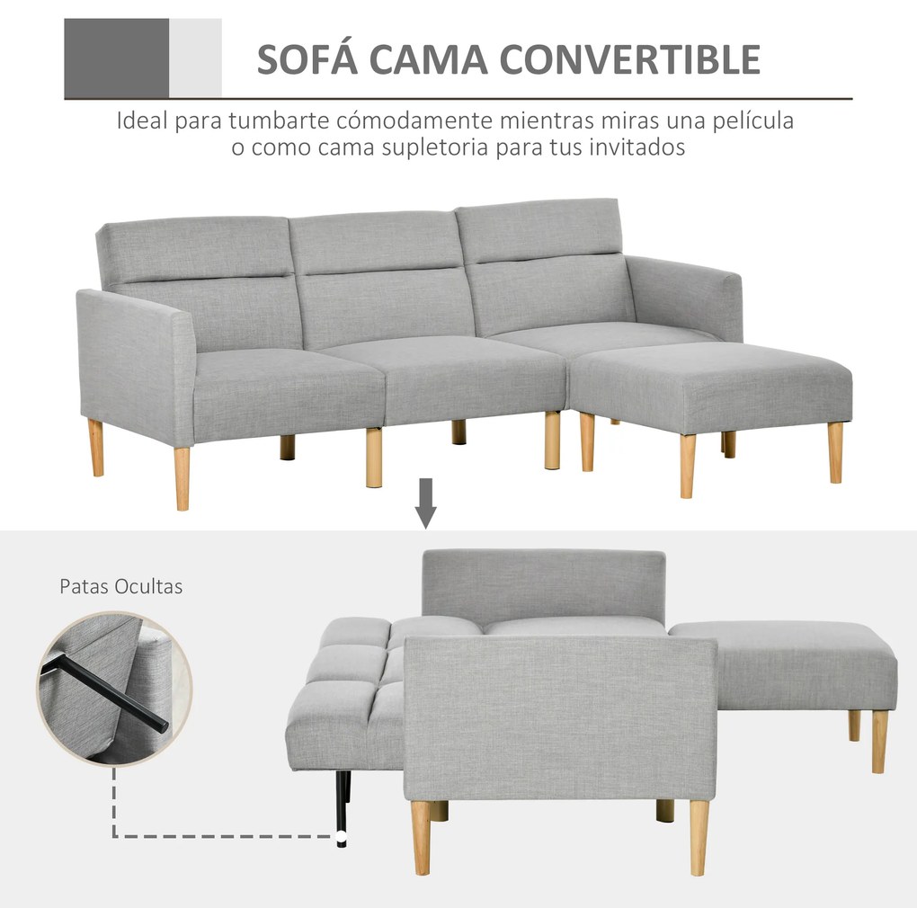 HOMCOM Sofá Cama com Chaise Longue de 3 Lugares com Encosto Ajustável Apoio para os Braços e Apoio para os Pés Móvel 207x81x80cm Cinza Claro