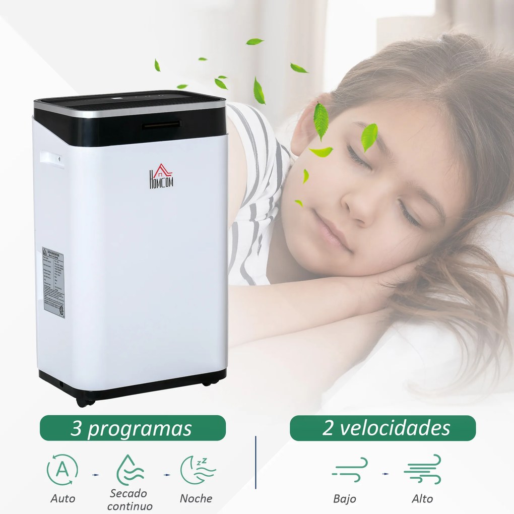 HOMCOM Desumidificador Elétrico 6,5L 20L/Dia com 3 Modos 2 Velocidades Tela LED Luzes Indicadoras Temporizador e Rodas Silencioso para Casa 34x24x57cm Branco