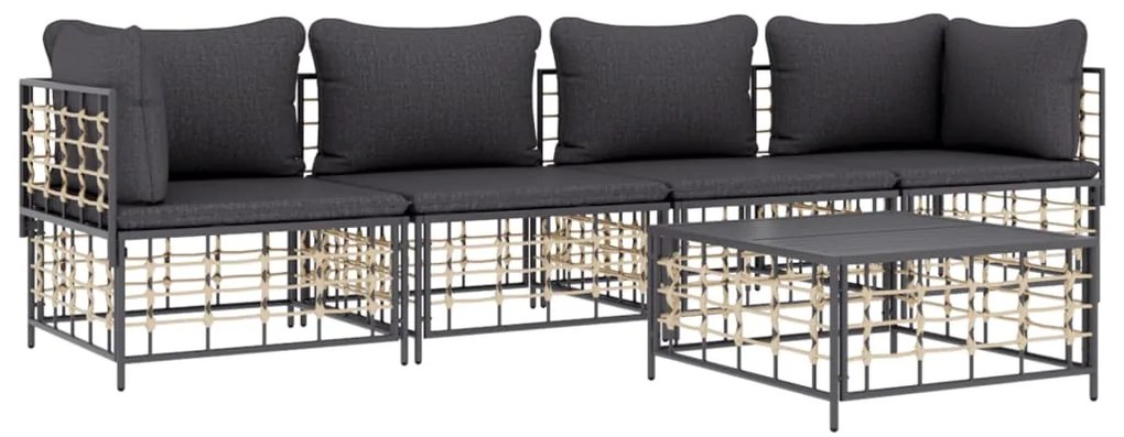 5 pcs conjunto lounge de jardim c/ almofadões vime PE antracite