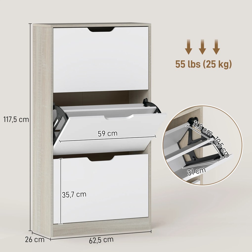 Sapateira de Madeira com 3 Compartimentos Abatíveis com Capacidade para 12 Pares 62,5x26x117,5 cm Branco e Madeira