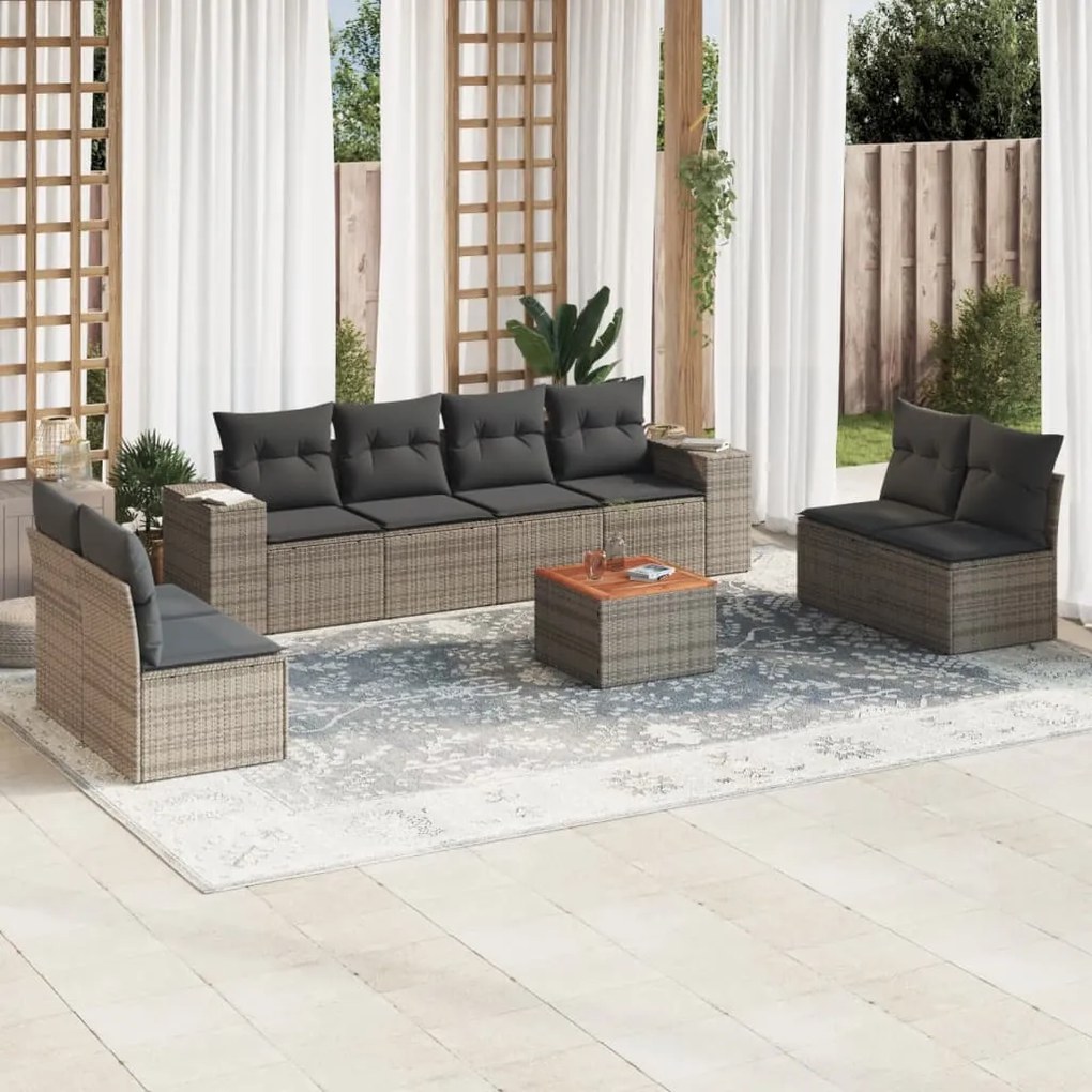 9 pcs conjunto sofás p/ jardim com almofadões vime PE cinzento