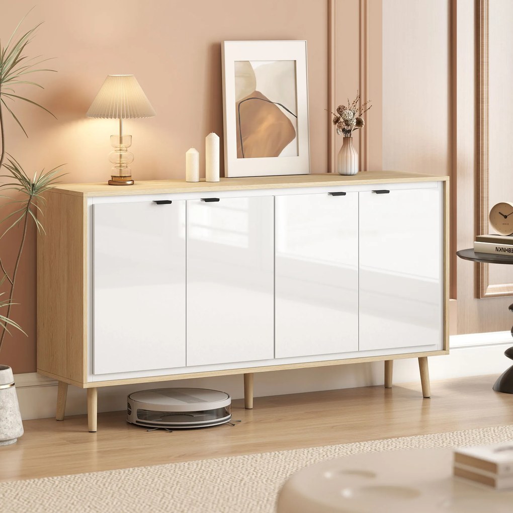 Aparador, móvel de arrumação com 4 portas 141 x 35 x 77 cm, prateleiras ajustáveis, branco e cor carvalho