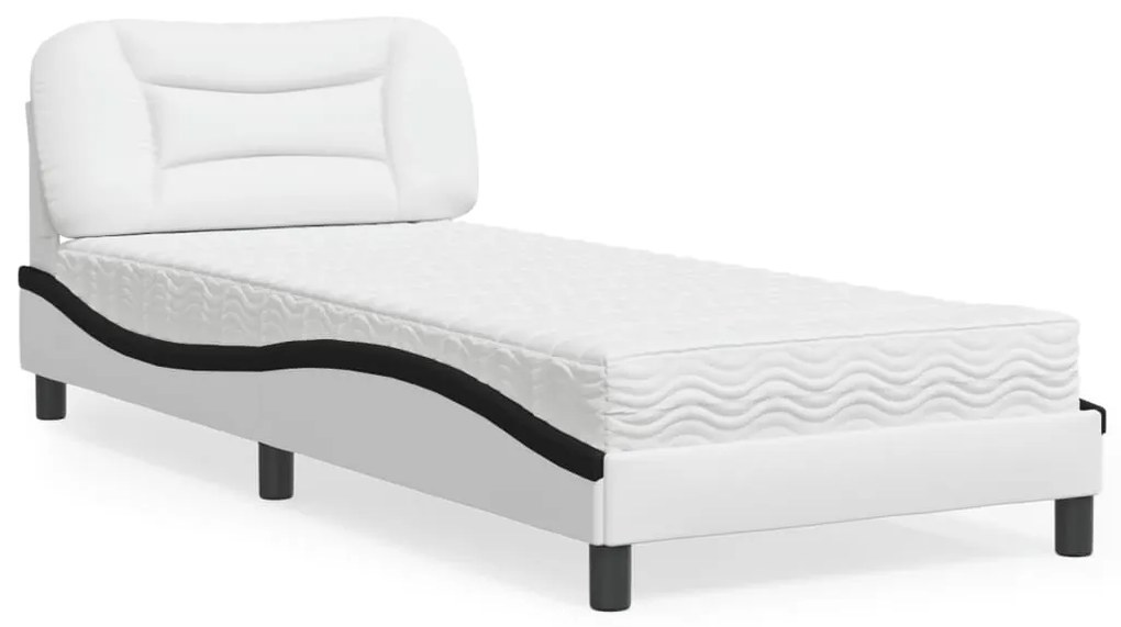 Cama com colchão 90x190 cm couro artificial preto e branco