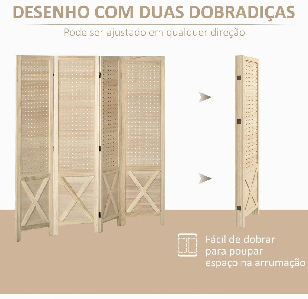 Biombo de 4 Painéis Separador de Ambientes Dobrável 152x1,7x144,5 cm Painéis com Orifícios para Pendurar Madeira