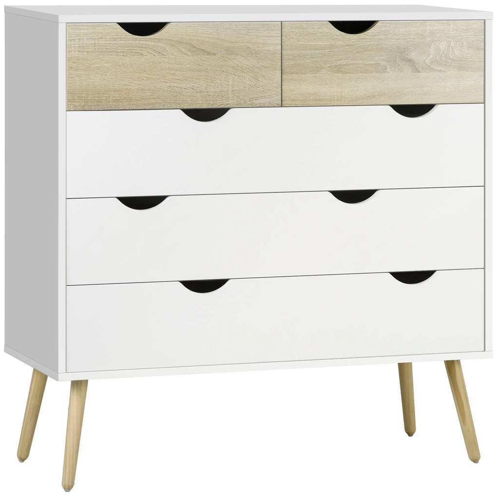 Cómoda com 5 Gavetas Cómoda de Quarto com Pés de Madeira Estilo Nórdico 99x39x101 cm Branco e Carvalho