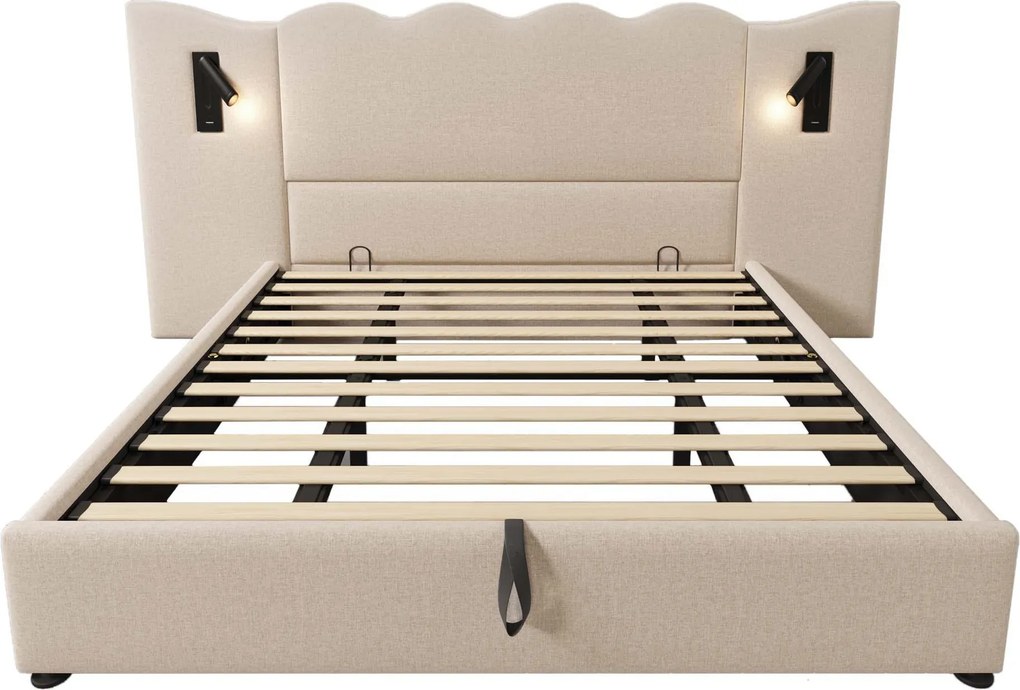 Cama estofada Cama de casal 180x200 cm com candeeiro de leitura giratório, Bege | AOSOM Portugal