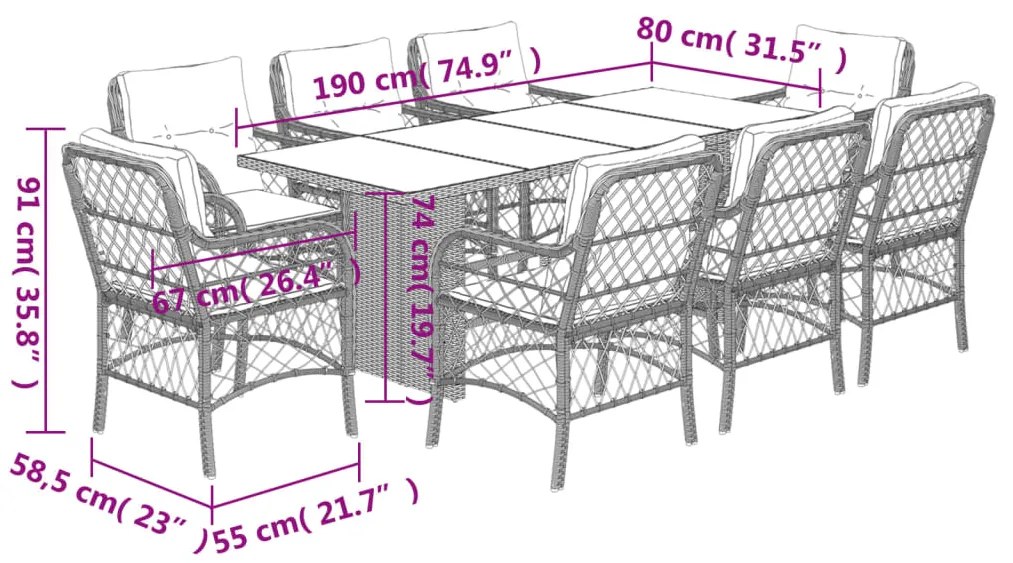 9 pcs conjunto de jantar p/ jardim com almofadões vime PE bege