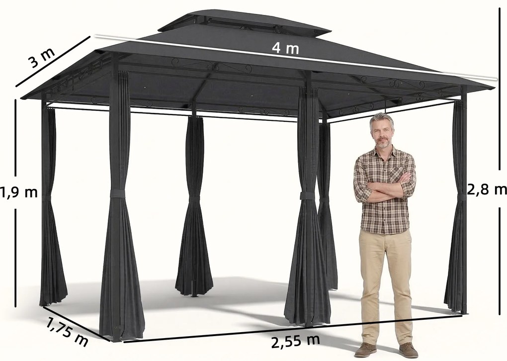 Pérgola de Jardim 3x4 m com Teto Duplo 6 Paredes Laterais Estrutura Metálica Drenagem Pérgola para Exterior  Cinzento