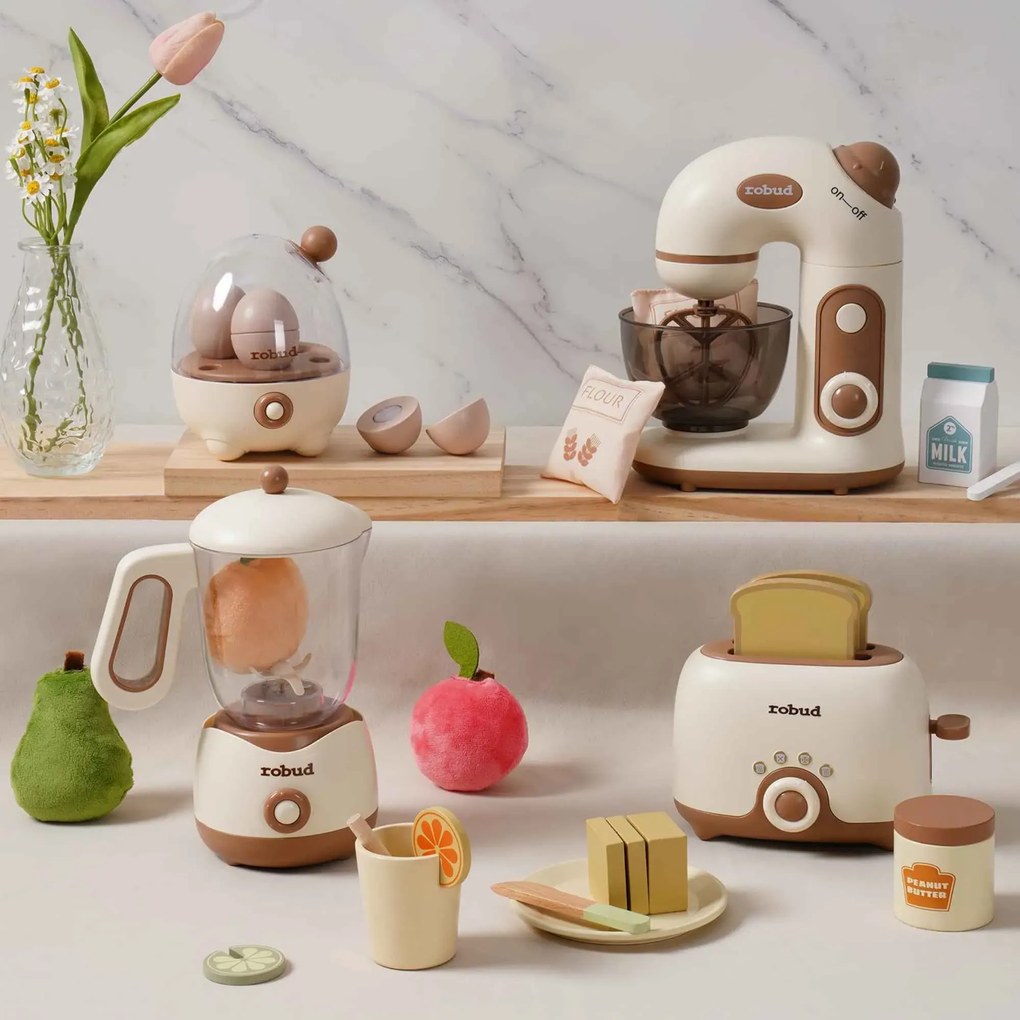 Conjunto de 4 eletrodomésticos de cozinha de brincar cor creme.