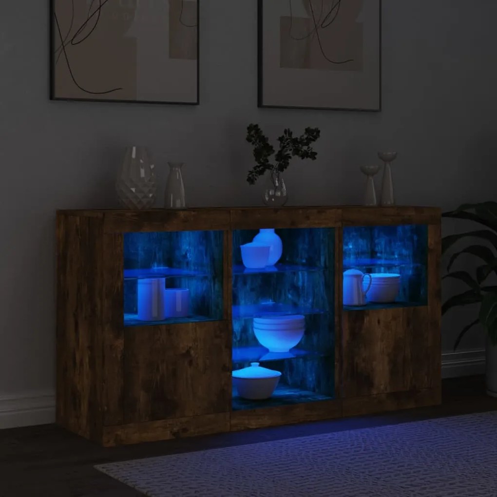 Aparador com luzes LED 123x37x67 cm carvalho fumado