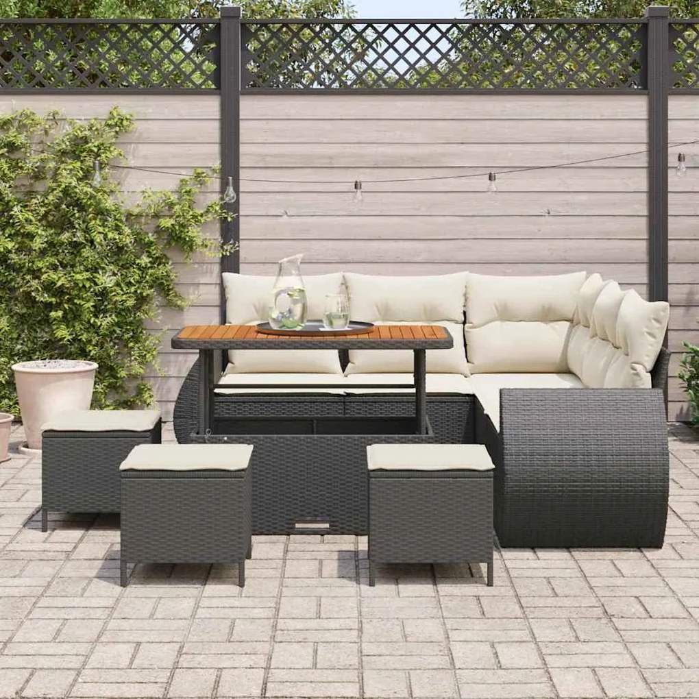 Conjunto de Sofá de Jardim de 9 Peças com Almofadas Pretas de Rattan P