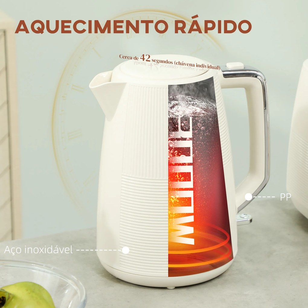 Conjunto de Torradeira e Jarro de Água Elétrico de Aço Inoxidável 2200W 1,7L Torradeira de Pão 2 Fatias 3 Funções Creme