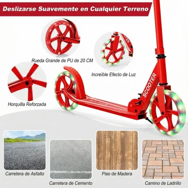 Trotinete para crianças com plataforma de alumínio, guiador ajustável em 3 posições e alça para crianças Vermelha