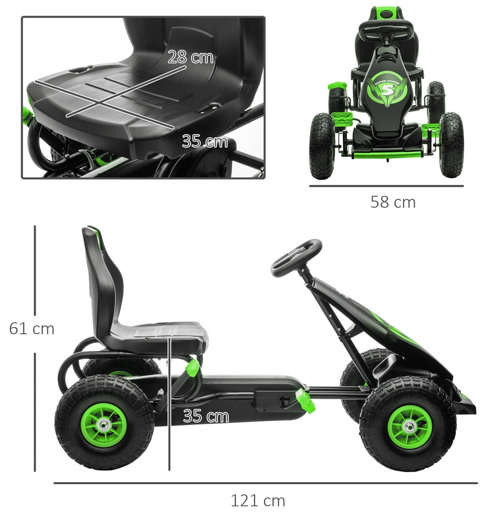 Kart a Pedais para Crianças 5-12 Anos com Assento Ajustável Pneus Insufláveis Amortecimento e Travão de Mão 121x58x61 cm Verde