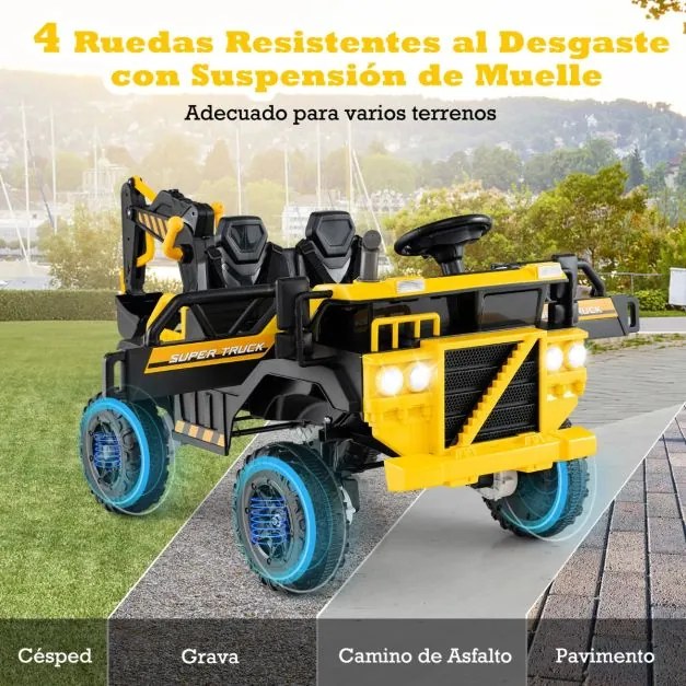 Escavadora elétrica 24 V, 4x4, para crianças com comando à distância, música, luzes, braço de escavação amarela
