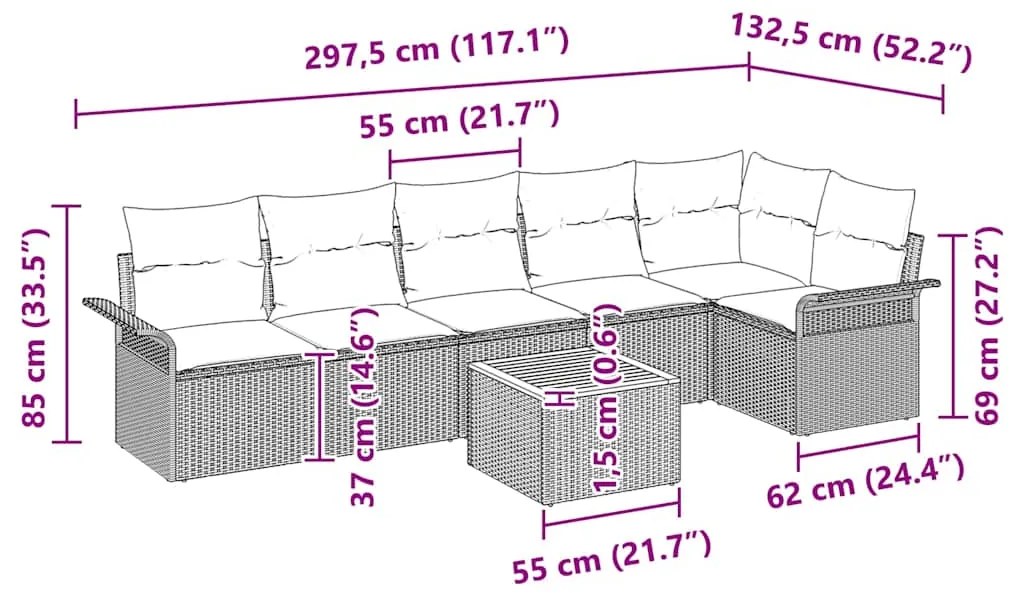 Conjunto de Sofá de Jardim de 7 Peças com Almofadas Beijes em Rattan S