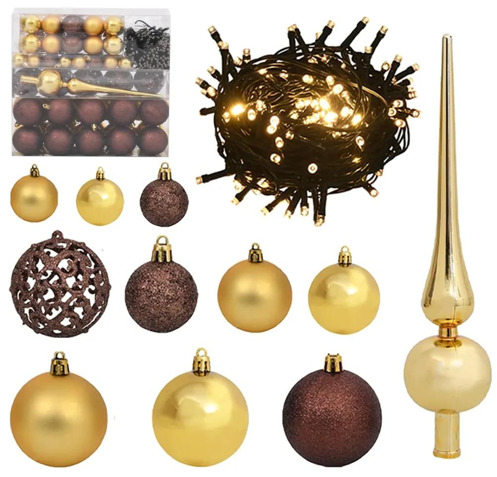 Conj. de bolas de natal 120pcs + pico e 300 LEDs dourado/bronze