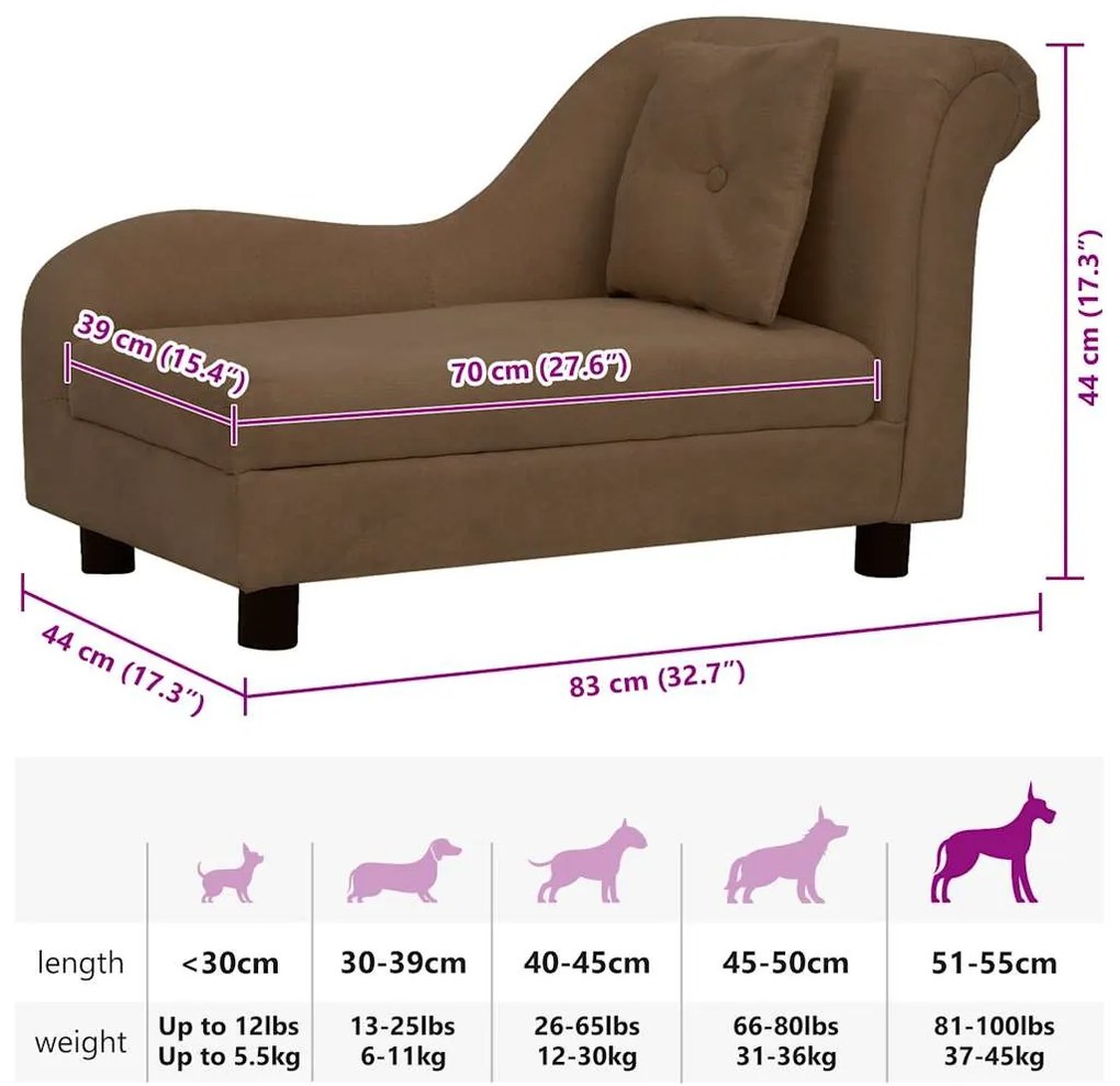 Sofá para cães com almofada 83x44x44 cm pelúcia castanho