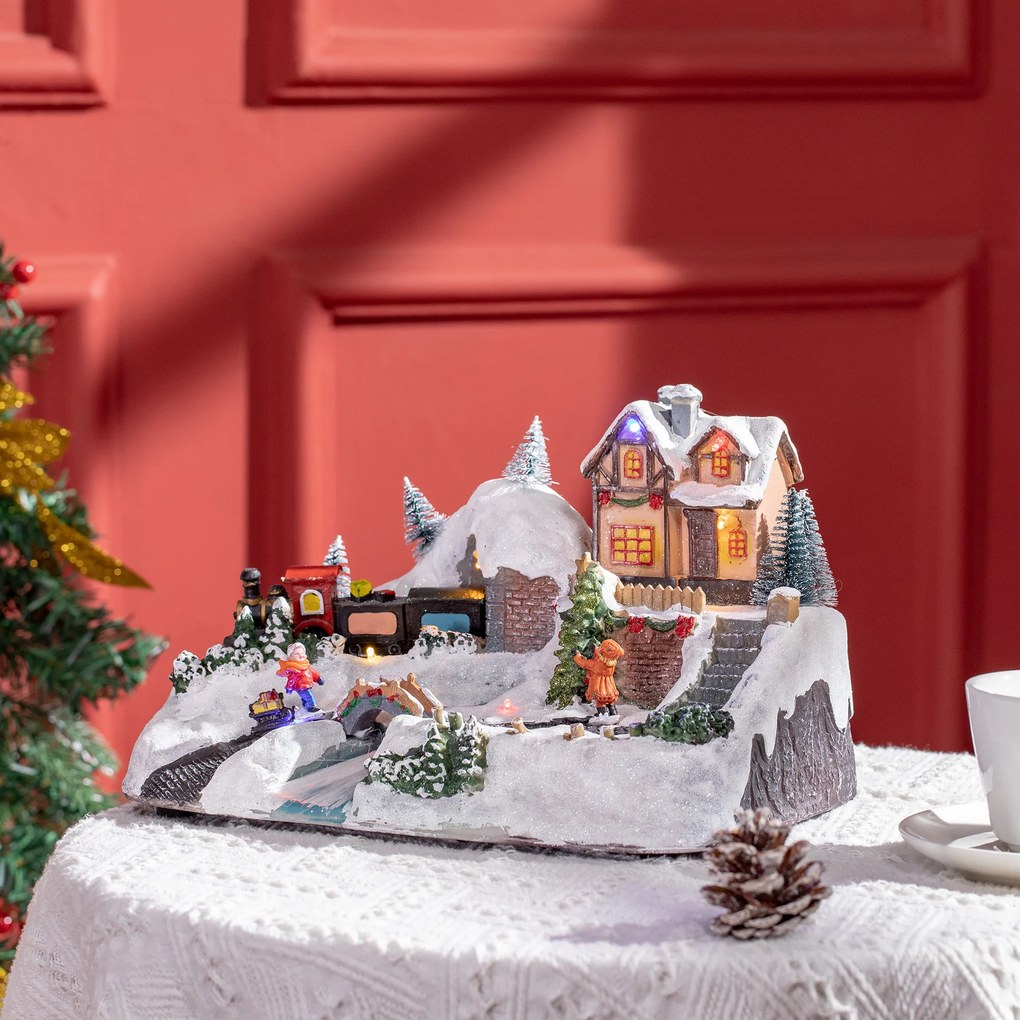 HOMCOM Cidade Natalina Iluminada com Luzes LED Árvore de Natal Giratória Música e Trem Decoração de Natal 30x19x19,5cm Multicor