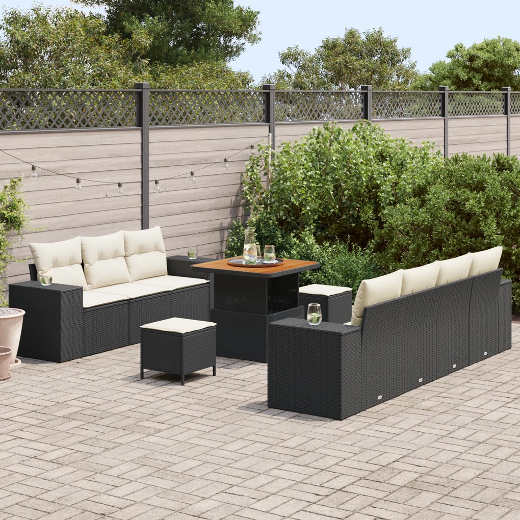 Conjunto de Sofá de Jardim com 10 Peças e Almofadas Preto Rattan Polím