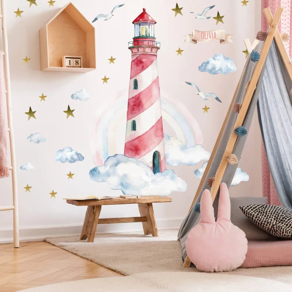 Autocolante aguarela para menina - Farol com arco-íris e nome