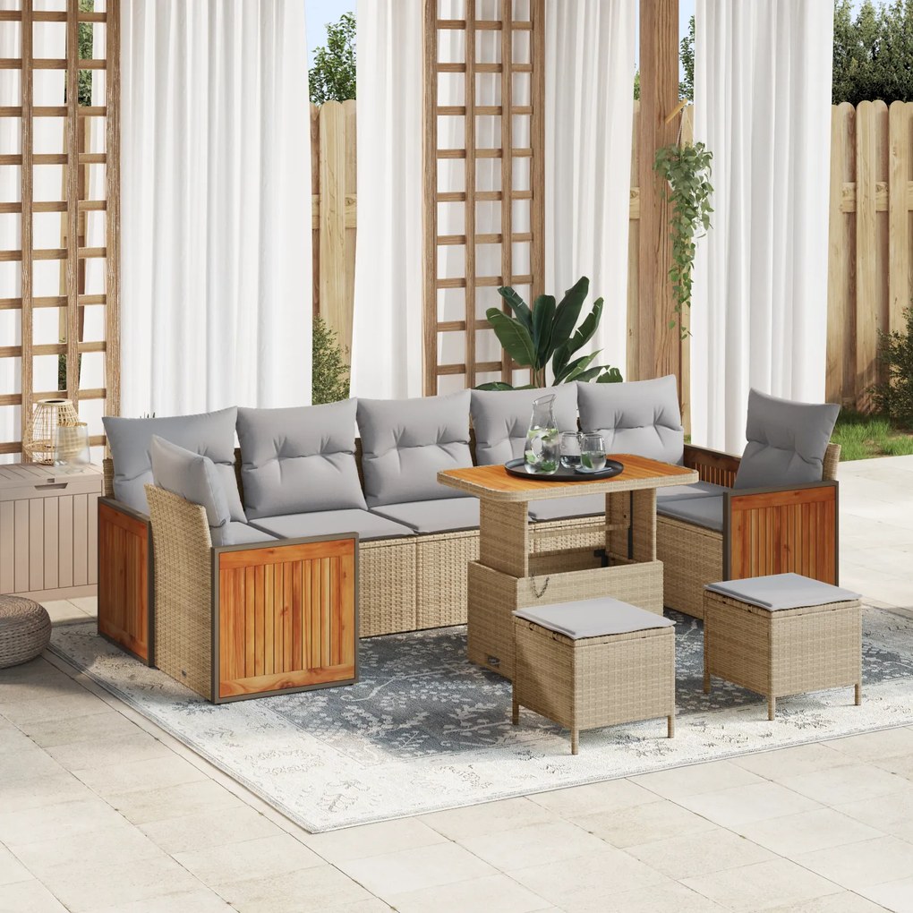 Conjunto de Sofá de Jardim VidaXL de 10 Peças com Almofadas Bege de Vime PE Acácia