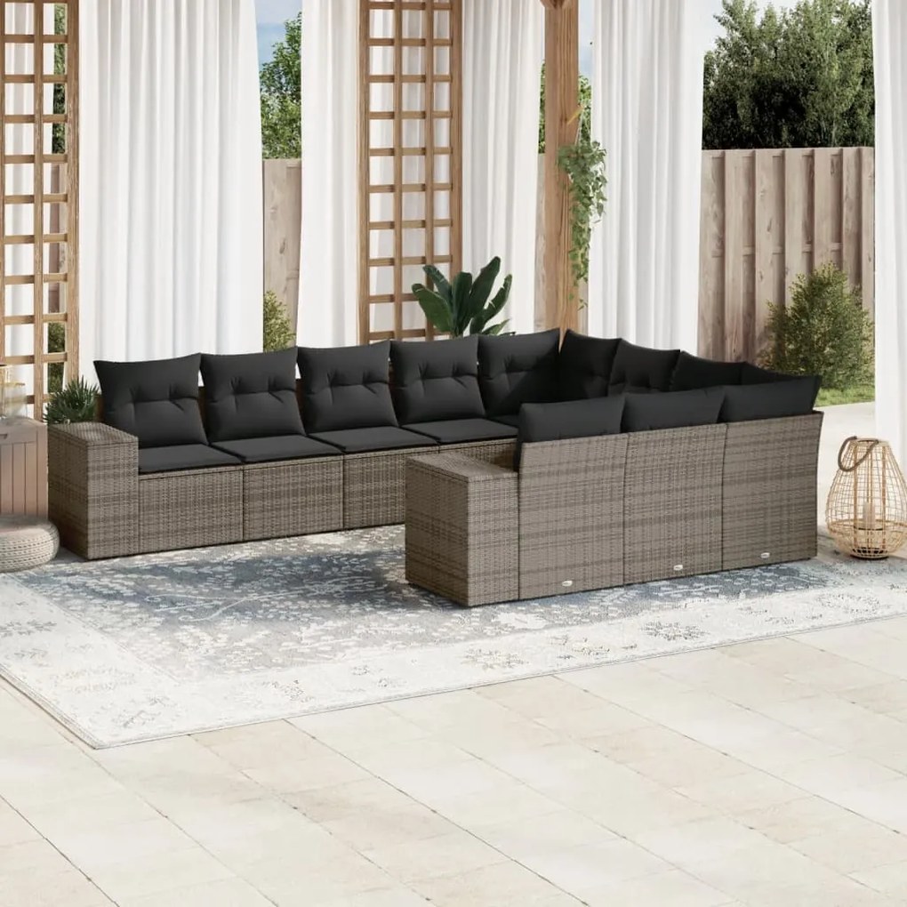 10 pcs conjunto sofás de jardim c/ almofadões vime PE cinzento