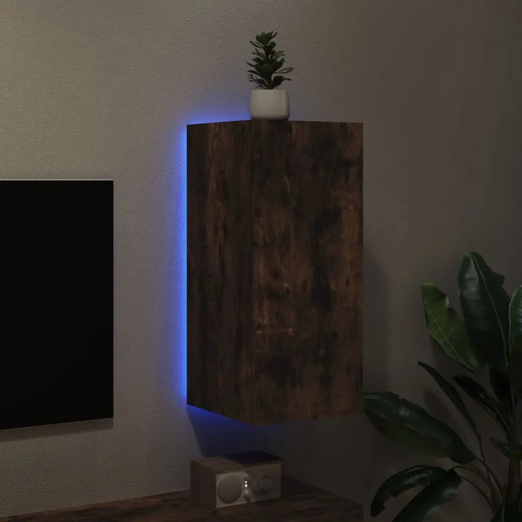 Móvel de parede p/ TV c/ luzes LED 30,5x35x70cm carvalho fumado