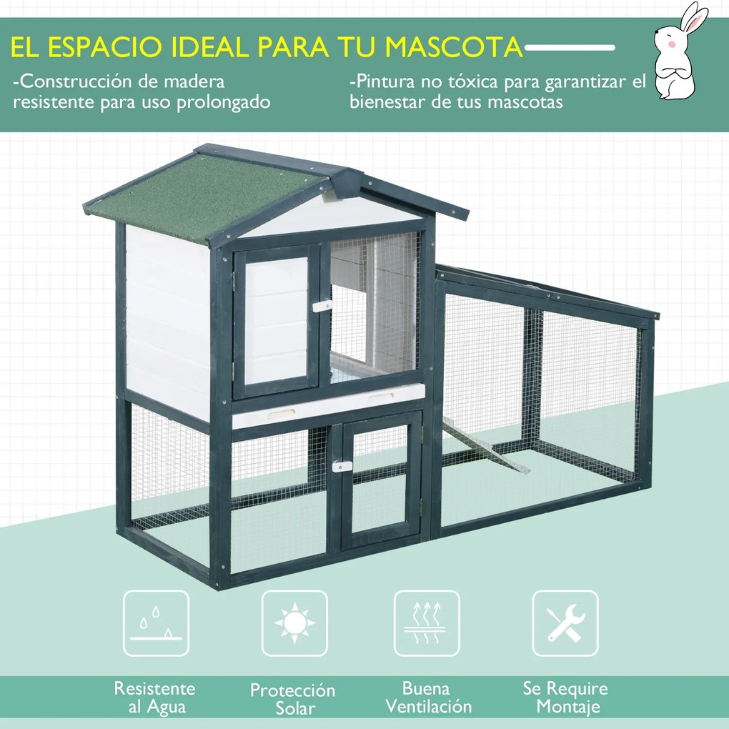 PawHut Gaiola de madeira para coelhos ao ar livre 2 níveis com bandeja removível e várias entradas telhado asfáltico Galinhas cobaias 140x65x100 cm Verde