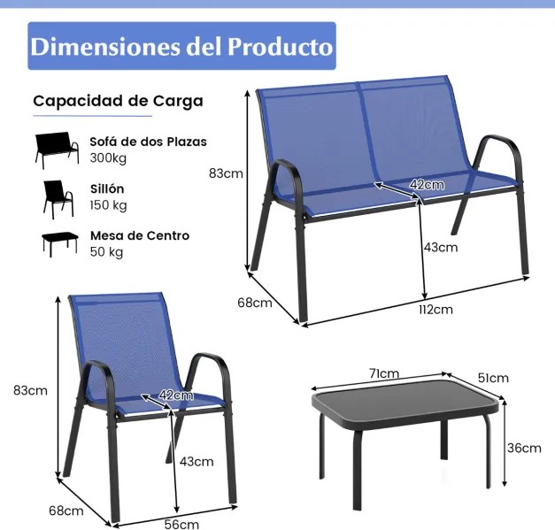 Conjunto de jardim exterior de 4 peças Mesa de café em vidro temperado Banco e 2 cadeiras individuais Tecido Textilene Mesa e cadeiras azuis