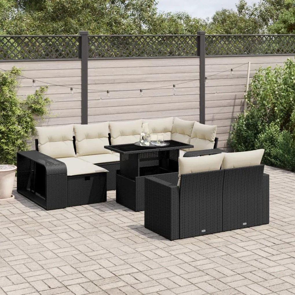 11 pcs conjunto sofás de jardim c/ almofadões vime PE preto