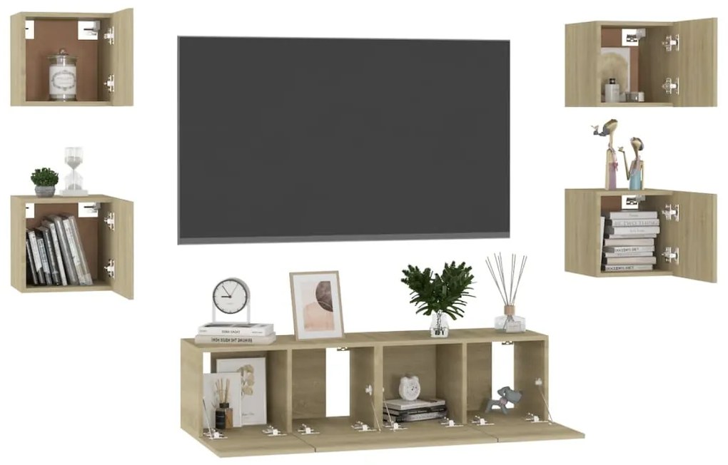 6 pcs conjunto móveis de TV derivados madeira carvalho sonoma