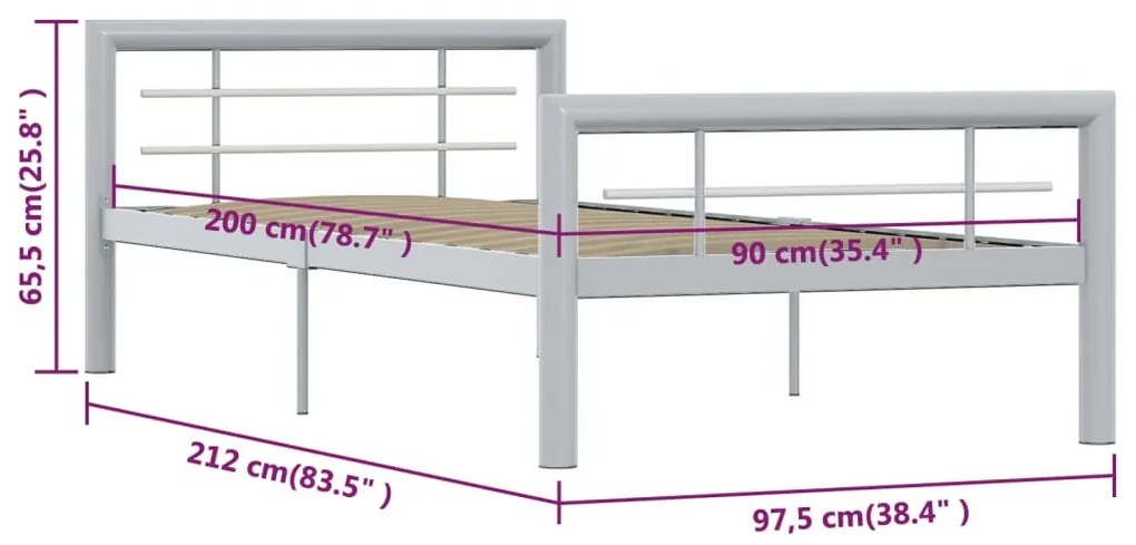 Estrutura de cama 90x200 cm metal cinzento e branco