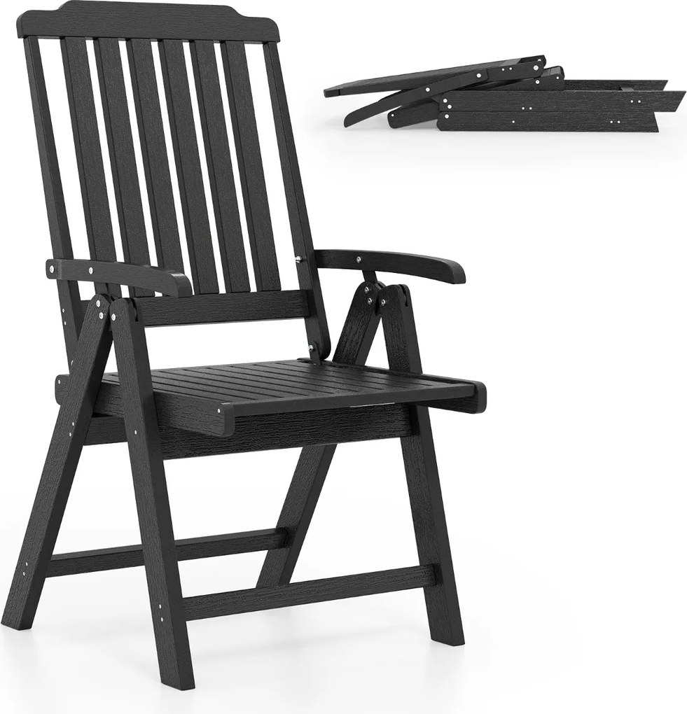 Cadeira dobrável para jardim em HDPE para todas as condições meteorológicas com apoios para os braços, encosto curvo e assento com ripas Preta